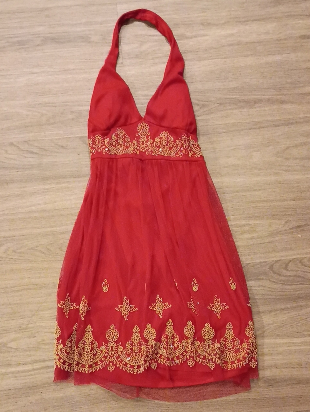 Tahari Red Halter Backless Dress with Gold Embroidery